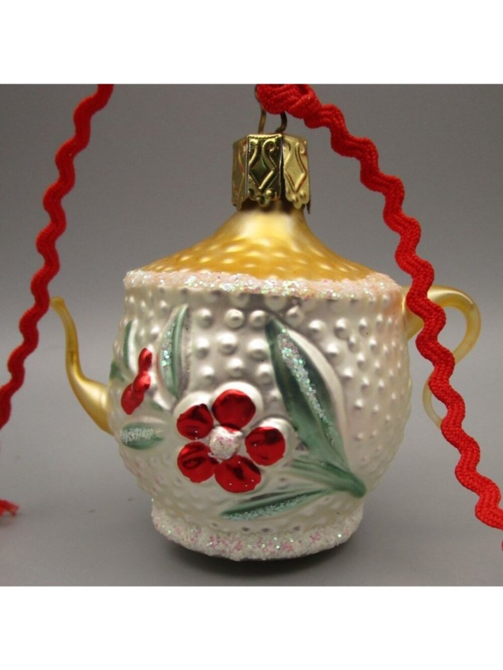 Vintage Inge Bumpy Glass Teapot Christmas Ornament Floral Design